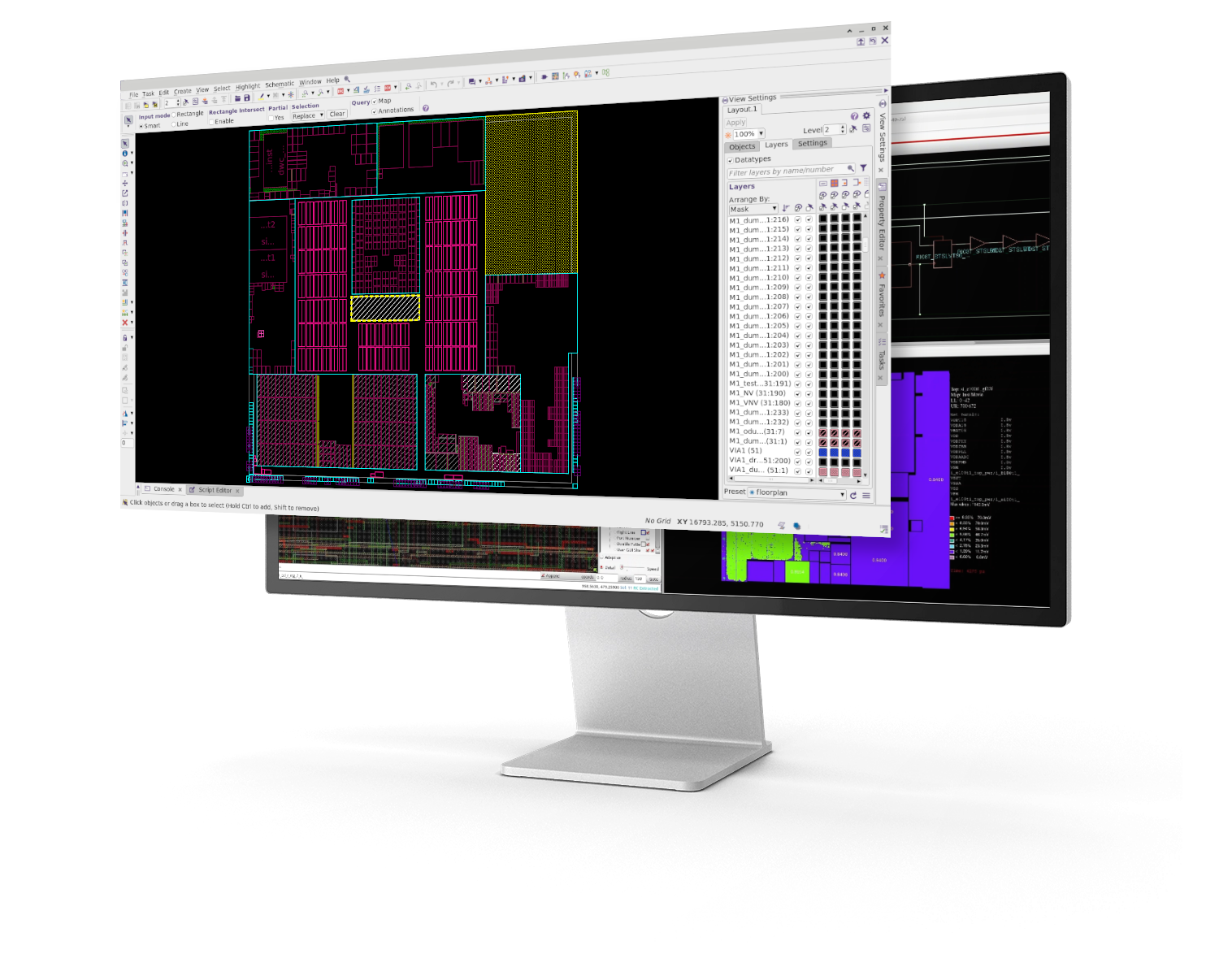 A computer monitor showing two overlapping screens with different programs and EDA tools for IC Design.